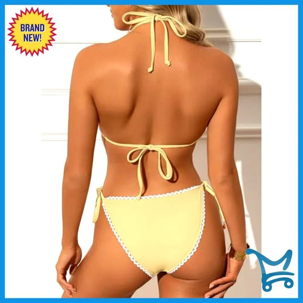 Triangle Bikini Set Sexy Halter Tie Lace Trim Two Piece Swimwear Trendy Beach